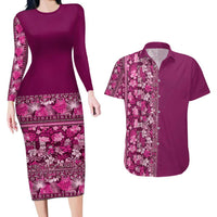 Hawaiian Tribal Elements Hibiscus Couples Matching Long Sleeve Bodycon Dress and Hawaiian Shirt Pink Pattern - Polynesian Pride
