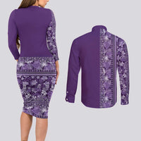 Hawaiian Tribal Elements Hibiscus Couples Matching Long Sleeve Bodycon Dress and Long Sleeve Button Shirt Purple Pattern - Polynesian Pride