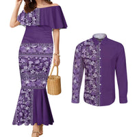 Hawaiian Tribal Elements Hibiscus Couples Matching Mermaid Dress and Long Sleeve Button Shirt Purple Pattern - Polynesian Pride