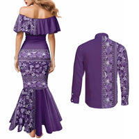 Hawaiian Tribal Elements Hibiscus Couples Matching Mermaid Dress and Long Sleeve Button Shirt Purple Pattern - Polynesian Pride