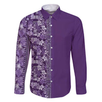 Hawaiian Tribal Elements Hibiscus Family Matching Off The Shoulder Long Sleeve Dress and Hawaiian Shirt Purple Pattern - Polynesian Pride