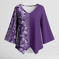 Hawaiian Tribal Elements Hibiscus Kimono Sleeve Blouse Purple Pattern - Polynesian Pride