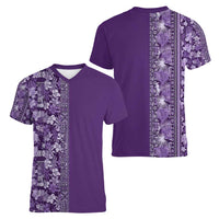 Hawaiian Tribal Elements Hibiscus Women V-Neck T-Shirt Purple Pattern - Polynesian Pride
