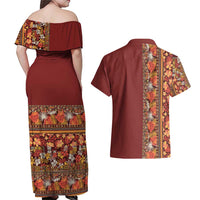 Hawaiian Tribal Elements Hibiscus Couples Matching Off Shoulder Maxi Dress and Hawaiian Shirt Red Pattern - Polynesian Pride