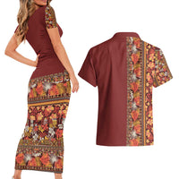 Hawaiian Tribal Elements Hibiscus Couples Matching Short Sleeve Bodycon Dress and Hawaiian Shirt Red Pattern - Polynesian Pride