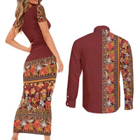 Hawaiian Tribal Elements Hibiscus Couples Matching Short Sleeve Bodycon Dress and Long Sleeve Button Shirt Red Pattern - Polynesian Pride
