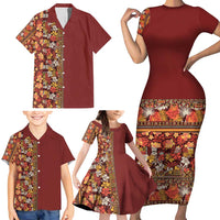 Hawaiian Tribal Elements Hibiscus Family Matching Short Sleeve Bodycon Dress and Hawaiian Shirt Red Pattern - Polynesian Pride