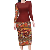 Hawaiian Tribal Elements Hibiscus Long Sleeve Bodycon Dress Red Pattern - Polynesian Pride