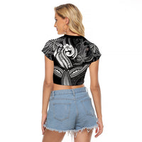 Polynesia Raglan Cropped T Shirt Whale Tale and Polynesian Sunset Plumeria Black LT9 - Polynesian Pride