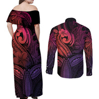 Polynesia Couples Matching Off Shoulder Maxi Dress and Long Sleeve Button Shirts Whale Tale and Polynesian Sunset Plumeria Pink LT9 - Polynesian Pride