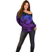 Polynesia Off Shoulder Sweater Whale Tale and Polynesian Sunset Plumeria Purple LT9 - Polynesian Pride