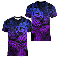 Polynesia Women V Neck T Shirt Whale Tale and Polynesian Sunset Plumeria Purple LT9 - Polynesian Pride