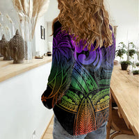 Polynesia Women Casual Shirt Whale Tale and Polynesian Sunset Plumeria Rainbow LT9 - Polynesian Pride