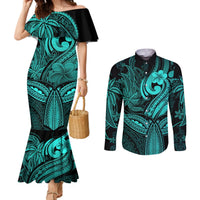 Polynesia Couples Matching Mermaid Dress and Long Sleeve Button Shirts Whale Tale and Polynesian Sunset Plumeria Turquoise LT9 Turquoise - Polynesian Pride