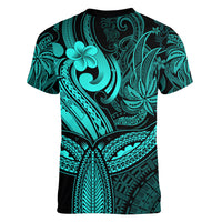 Polynesia Women V Neck T Shirt Whale Tale and Polynesian Sunset Plumeria Turquoise LT9 - Polynesian Pride