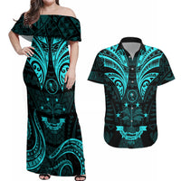 FSM Chuuk States Couples Matching Off Shoulder Maxi Dress and Hawaiian Shirt Micronesia Vintage Polynesian Tribal Aqua Version LT9 Aqua - Polynesian Pride