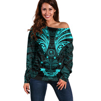 FSM Chuuk States Off Shoulder Sweater Micronesia Vintage Polynesian Tribal Aqua Version LT9 Women Aqua - Polynesian Pride