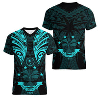 FSM Chuuk States Women V Neck T Shirt Micronesia Vintage Polynesian Tribal Aqua Version LT9 - Polynesian Pride