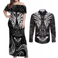 FSM Chuuk States Couples Matching Off Shoulder Maxi Dress and Long Sleeve Button Shirts Micronesia Vintage Polynesian Tribal Black Version LT9 Black - Polynesian Pride