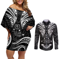 FSM Chuuk States Couples Matching Off Shoulder Short Dress and Long Sleeve Button Shirts Micronesia Vintage Polynesian Tribal Black Version LT9 Black - Polynesian Pride