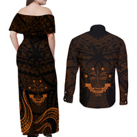 FSM Chuuk States Couples Matching Off Shoulder Maxi Dress and Long Sleeve Button Shirts Micronesia Vintage Polynesian Tribal Gold Version LT9 - Polynesian Pride