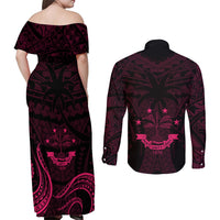 FSM Chuuk States Couples Matching Off Shoulder Maxi Dress and Long Sleeve Button Shirts Micronesia Vintage Polynesian Tribal Pink Version LT9 - Polynesian Pride