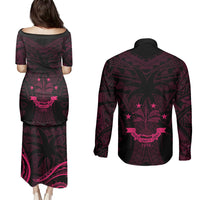 FSM Chuuk States Couples Matching Puletasi Dress and Long Sleeve Button Shirts Micronesia Vintage Polynesian Tribal Pink Version LT9 - Polynesian Pride