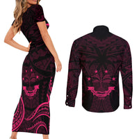FSM Chuuk States Couples Matching Short Sleeve Bodycon Dress and Long Sleeve Button Shirts Micronesia Vintage Polynesian Tribal Pink Version LT9 - Polynesian Pride
