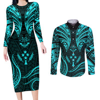 FSM Kosrae States Couples Matching Long Sleeve Bodycon Dress and Long Sleeve Button Shirts Micronesia Vintage Polynesian Tribal Aqua Version LT9 Aqua - Polynesian Pride
