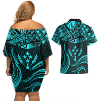 FSM Kosrae States Couples Matching Off Shoulder Short Dress and Hawaiian Shirt Micronesia Vintage Polynesian Tribal Aqua Version LT9 - Polynesian Pride