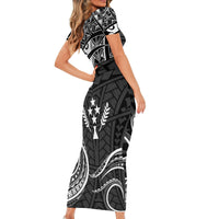 FSM Kosrae States Short Sleeve Bodycon Dress Micronesia Vintage Polynesian Tribal Black Version LT9 - Polynesian Pride