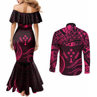 FSM Kosrae States Couples Matching Mermaid Dress and Long Sleeve Button Shirts Micronesia Vintage Polynesian Tribal Pink Version LT9 - Polynesian Pride
