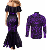 FSM Kosrae States Couples Matching Mermaid Dress and Long Sleeve Button Shirts Micronesia Vintage Polynesian Tribal Purple Version LT9 - Polynesian Pride