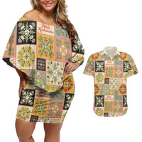 Mele Kalikimaka Hawaii Christmas Couples Matching Off Shoulder Short Dress and Hawaiian Shirt Melemele Mama Seamless Floral Motif - Polynesian Pride