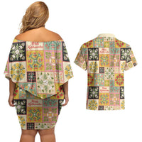 Mele Kalikimaka Hawaii Christmas Couples Matching Off Shoulder Short Dress and Hawaiian Shirt Melemele Mama Seamless Floral Motif - Polynesian Pride
