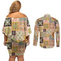 Mele Kalikimaka Hawaii Christmas Couples Matching Off Shoulder Short Dress and Long Sleeve Button Shirt Melemele Mama Seamless Floral Motif - Polynesian Pride