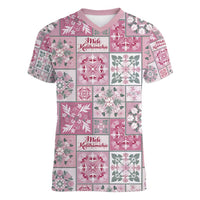 Mele Kalikimaka Hawaii Christmas Women V-Neck T-Shirt Akala Seamless Floral Motif - Polynesian Pride