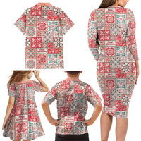 Mele Kalikimaka Hawaii Christmas Family Matching Long Sleeve Bodycon Dress and Hawaiian Shirt Ulaula Seamless Floral Motif - Polynesian Pride
