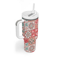 Mele Kalikimaka Hawaii Christmas Tumbler With Handle Ulaula Seamless Floral Motif - Polynesian Pride