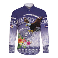 American Samoa Bald Eagle Long Sleeve Button Shirt Polynesian Tropical Flowers LT9 Unisex Blue - Polynesian Pride