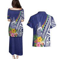 New Caledonia Kagu Bird Couples Matching Puletasi and Hawaiian Shirt Polynesian Tropical Flowers