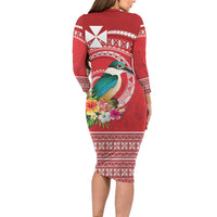 Wallis et Futuna Kingfisher Long Sleeve Bodycon Dress Polynesian Tropical Flowers