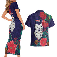 Maori Wheku Meri Kirihimete Personalised Couples Matching Short Sleeve Bodycon Dress and Hawaiian Shirt All Blue Indigenous Maori Motif - Polynesian Pride