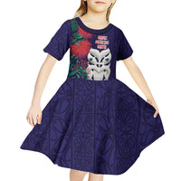 Maori Wheku Meri Kirihimete Personalised Kid Short Sleeve Dress All Blue Indigenous Maori Motif - Polynesian Pride