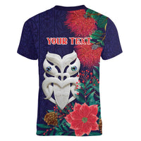 Maori Wheku Meri Kirihimete Personalised Women V-Neck T-Shirt All Blue Indigenous Maori Motif - Polynesian Pride