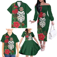 Maori Wheku Meri Kirihimete Personalised Family Matching Off The Shoulder Long Sleeve Dress and Hawaiian Shirt All Green Indigenous Maori Motif - Polynesian Pride