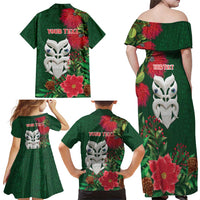 Maori Wheku Meri Kirihimete Personalised Family Matching Off Shoulder Maxi Dress and Hawaiian Shirt All Green Indigenous Maori Motif - Polynesian Pride