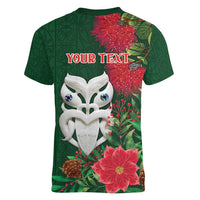 Maori Wheku Meri Kirihimete Personalised Women V-Neck T-Shirt All Green Indigenous Maori Motif - Polynesian Pride