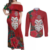 Maori Wheku Meri Kirihimete Personalised Couples Matching Off Shoulder Maxi Dress and Long Sleeve Button Shirt All Red Indigenous Maori Motif - Polynesian Pride