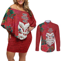 Maori Wheku Meri Kirihimete Personalised Couples Matching Off Shoulder Short Dress and Long Sleeve Button Shirt All Red Indigenous Maori Motif - Polynesian Pride